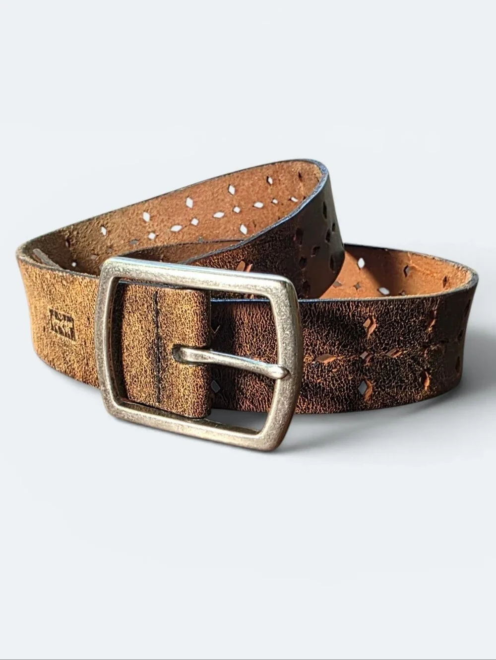 Levi's Distressed Brown Leather Belt Perforated Geometric Cutout Size 34 Grunge